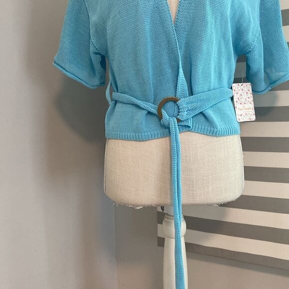 Free People Oh Hello Blue Clear Day Lightweight Belted Knit Cardigan Size Sm NEW - Picture 3 of 8
